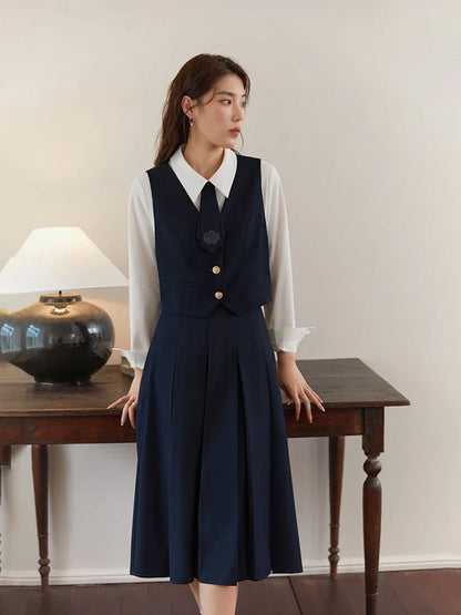 College Style Short Blazer Coat Fashion Two Piece Suit for Women Literary Retro Spring New High Waist Half Pleated Skirt