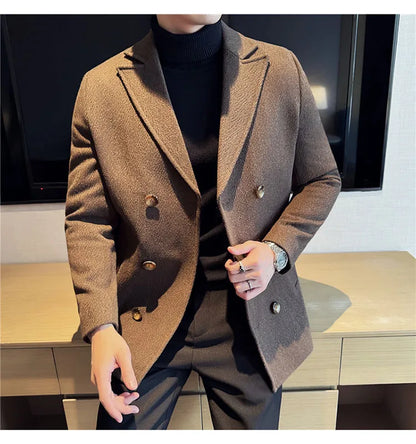 British Style Winter Double Breasted Woolen Suit Jackets Men Thick Warm Wedding Business Blazers Solid Color Casual Dress Coat