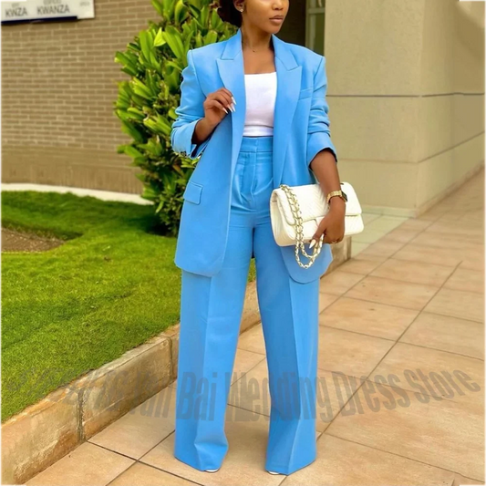 Blue Oversized Women's Suits Solid Color Peaked Lapel Blazer High Waist Pants 2 Piece Outfit Business Party Office Formal Set