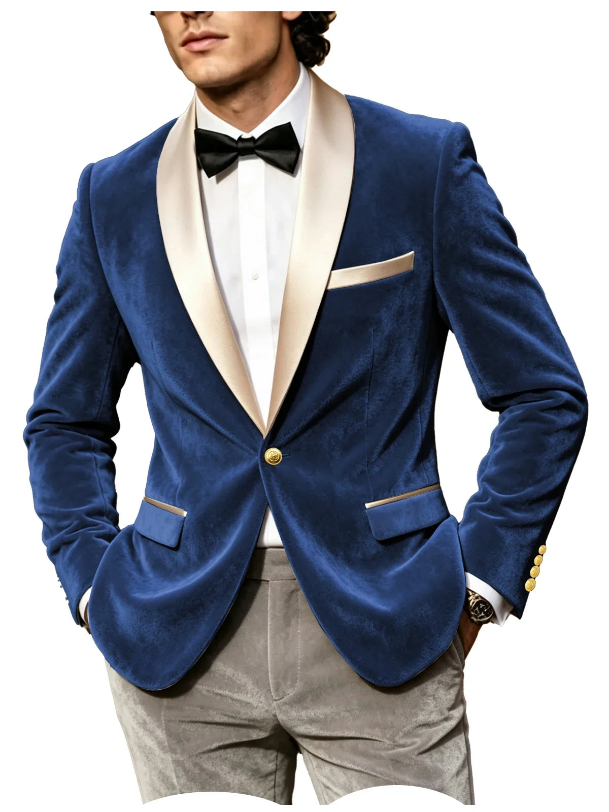 Men Velvet Tuxedo Jacket Champagne Satin Shawl Lapel Slim Fit Blazer Wedding Groom Party Prom Formal Western Dinner Suit Coat