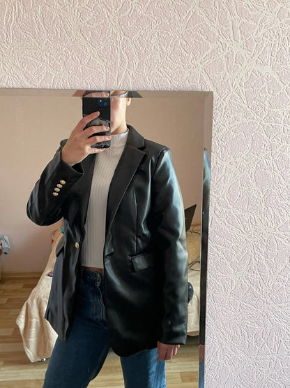 Women Fashion Notched Double Breasted PU Leather Blazers Coat Casual Straight Long Sleeve Back Vents Female Outerwear Chic Tops