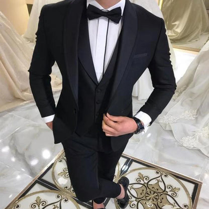Blue Slit 3 Piece Men's Tuxedo Suits with Black Shawl Lapel Casual Wedding Groomsmen Blazer Vest Pants Set for 2023