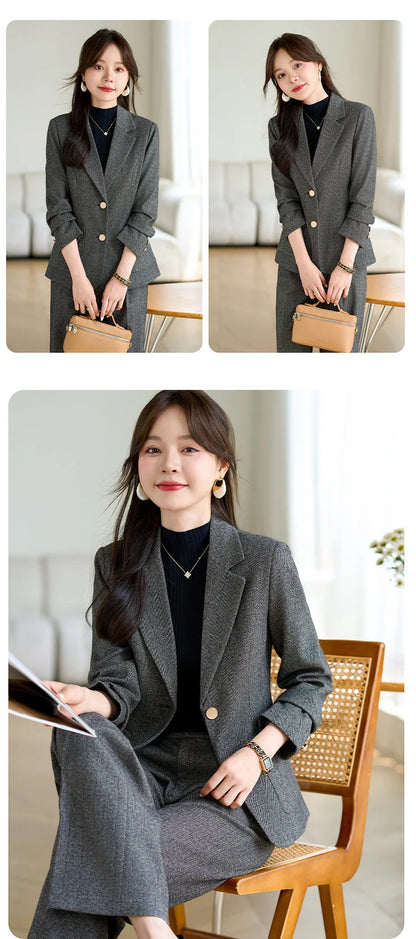 High Quality Fabric Velvet Autumn Winter Women Business Work Wear Suits Pantsuits Formal OL Styles Professional Trousers Set