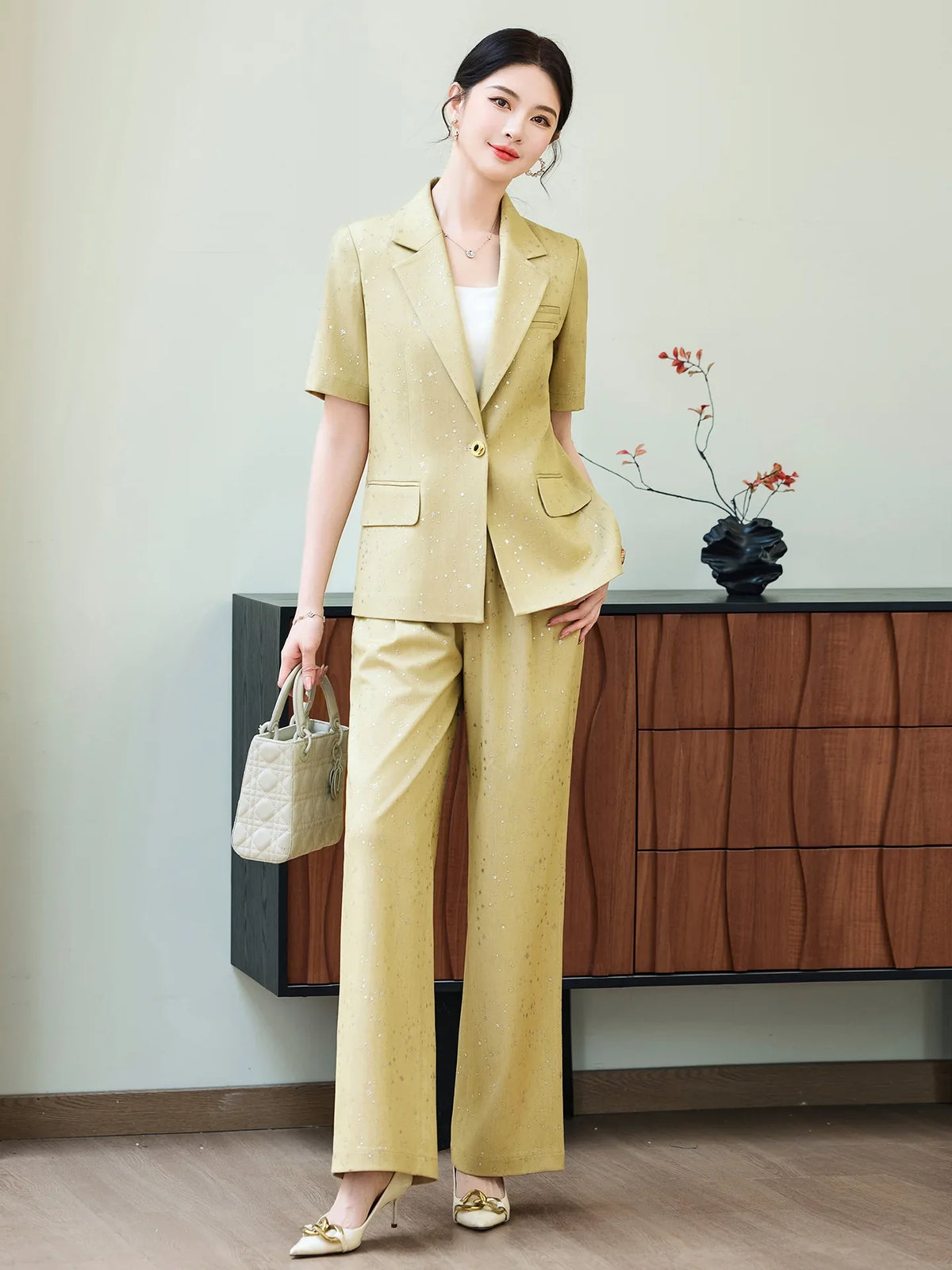 Fashion Blue Yellow Short Sleeve Professional Suit Women New Summer Elegant Formal Slim Blazer And Pants Office Ladies Work Wear