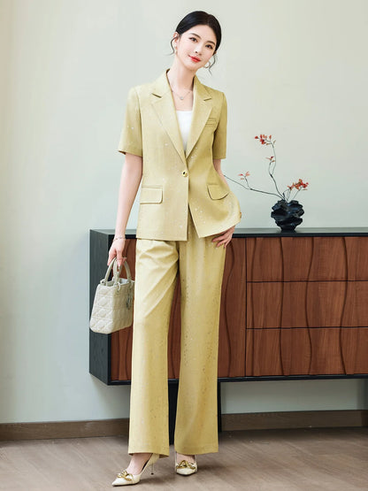 Fashion Blue Yellow Short Sleeve Professional Suit Women New Summer Elegant Formal Slim Blazer And Pants Office Ladies Work Wear