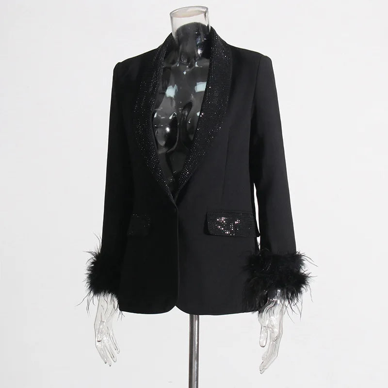 Spring Autumn New Women Blazer Turn-down Collar Studded Diamonds Single Button Cuff Spliced Feather Luxury Ins Coat HK16316