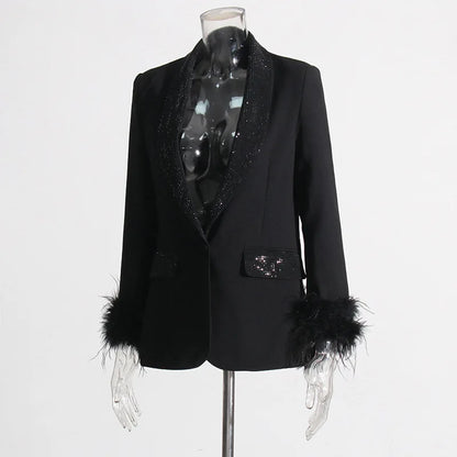 Spring Autumn New Women Blazer Turn-down Collar Studded Diamonds Single Button Cuff Spliced Feather Luxury Ins Coat HK16316
