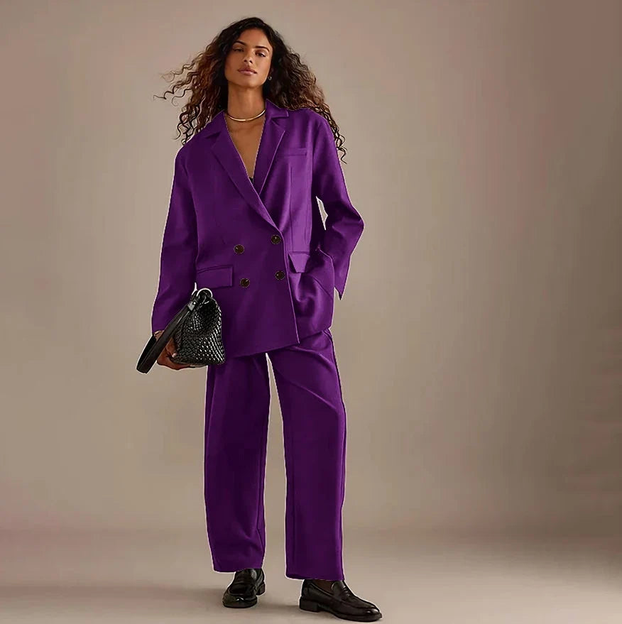 Leisure Brown Double Breasted Women Pants Set High-end Female Two Pieces(Jacket+Trousers)أطقم بناطيل