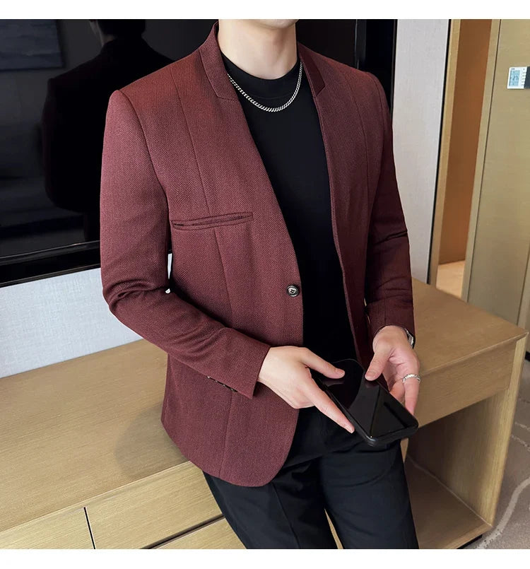Chinese Style Collarless Suit Jacket Men Fashion Slim Fit Versatile Blazers Male Casual Business Wedding Groom Dress Jacket 2025