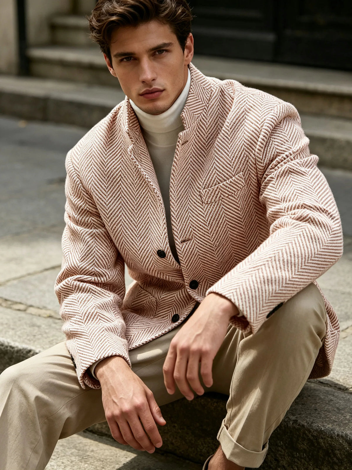 Men's Herringbone Tweed Stand Collar Blazer  Notch Lapel Slim Fit Wool Blend Sport Coat Business Casual Wedding Prom Man Jackets
