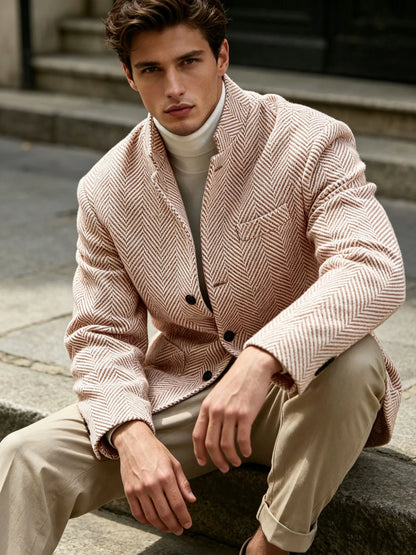Men's Herringbone Tweed Stand Collar Blazer  Notch Lapel Slim Fit Wool Blend Sport Coat Business Casual Wedding Prom Man Jackets