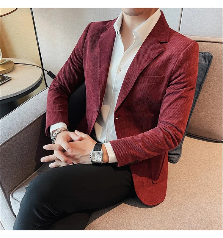 2023 Fashion Men's Corduroy Blazers Top Quality Business Casual Suit Jackets Slim Fit Wedding Groom Streetwear Social Dress Coat