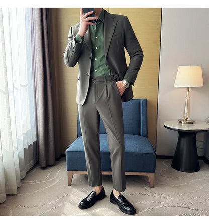 Tencel High Tech Fabric Men Spring Summer Thin Suits 2 Pieces (jacket+pants) Business Casual Office Wedding Groom Dress Suit