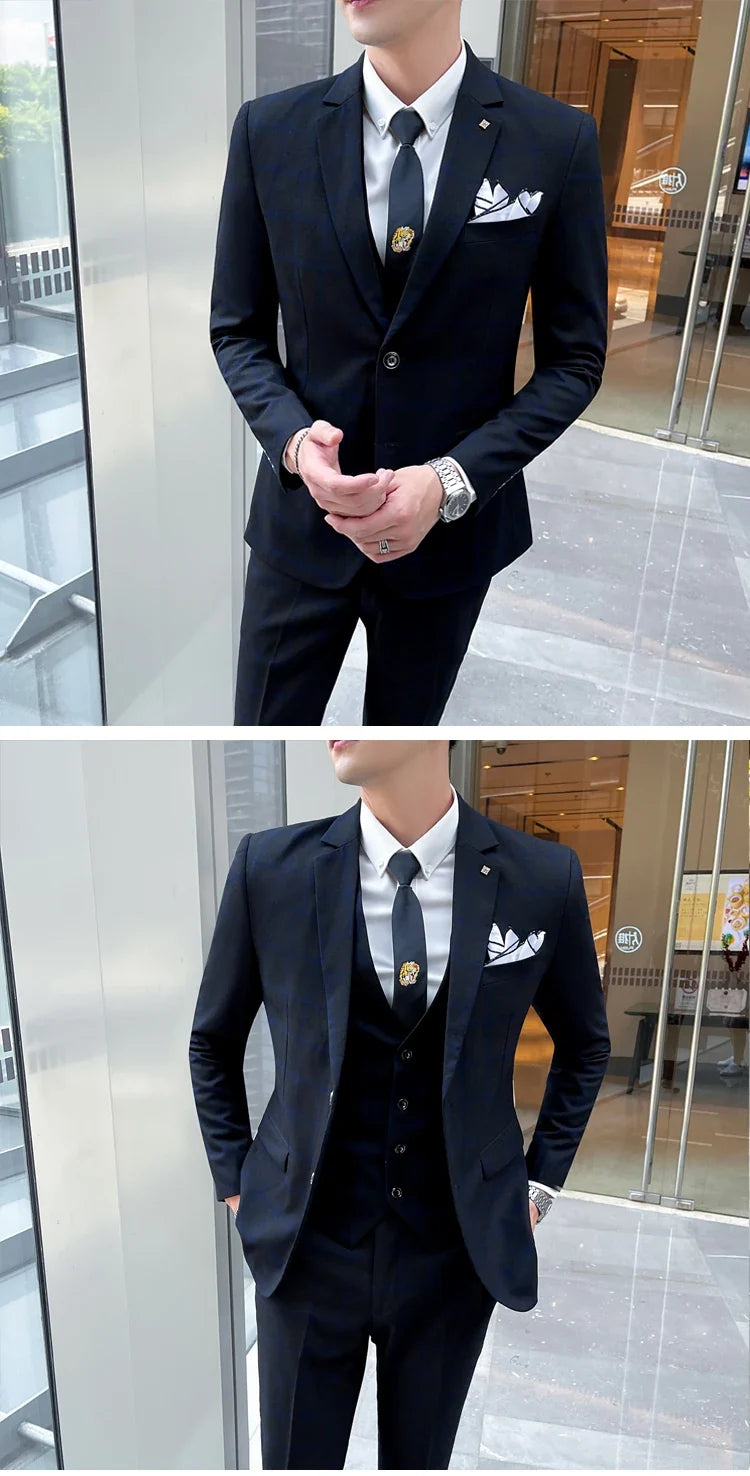 Men's 3-Piece Suit Set Stylish Handsome English Plaid All-fit Jacket Waistcoat Trousers M-5XL 2025 Trendy Men's Formal Wear
