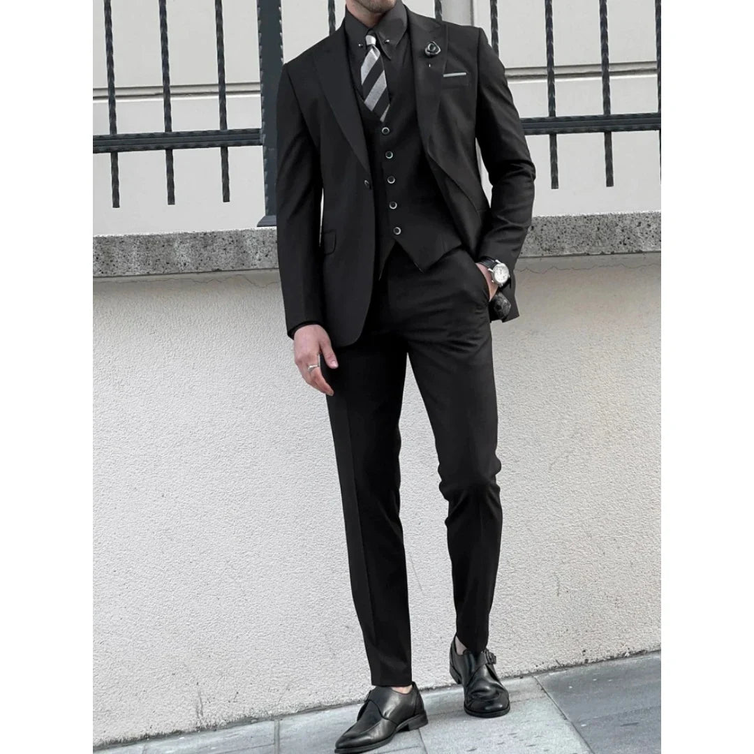 Men Suit 3 Piece Black Solid Single Button With Lapel For Wedding Banquet Birthday Party Prom Business Work Jacket Vest Pants