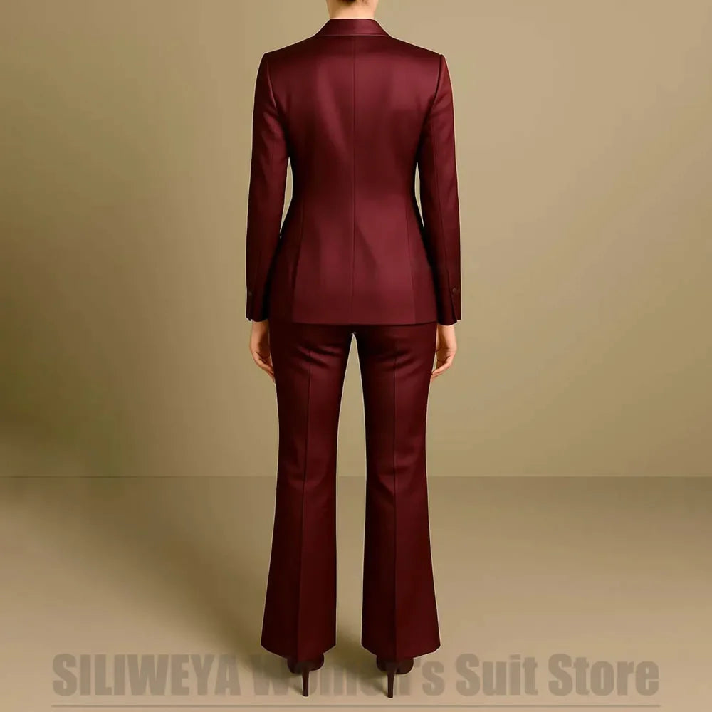 Women's Burgundy Satin 3 Piece Suit Set Fashion One Button Blazer Vest Flared Pants Formal Office Party Prom Wedding Tuxedo