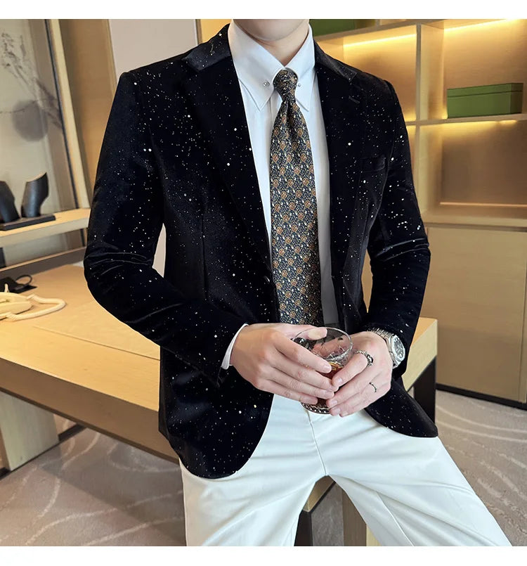 High Quality Velvet Bronzing Suit Coats Mens Sparkle Elegant Slim Business Suits Jacket Homme Formal Social Prom Party Tuxedos