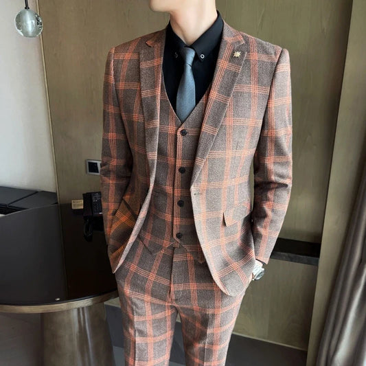 Men's Checkered Slim Fit 3 Piece Suit Set for Weddings and Smart Casual Occasions