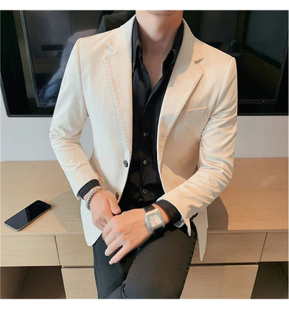 Men's Slim Fit Striped Corduroy Blazer – Smart Casual Single Breasted Suit Jacket