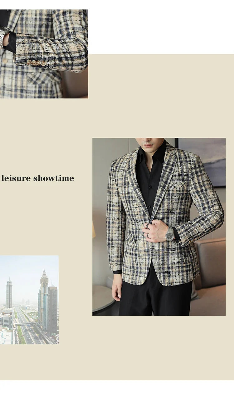 British Style Plaid Woven Casual Suit Jacket for Men Slim Fit Business Social Dress Coats Wedding Party Banquet Office Blazers