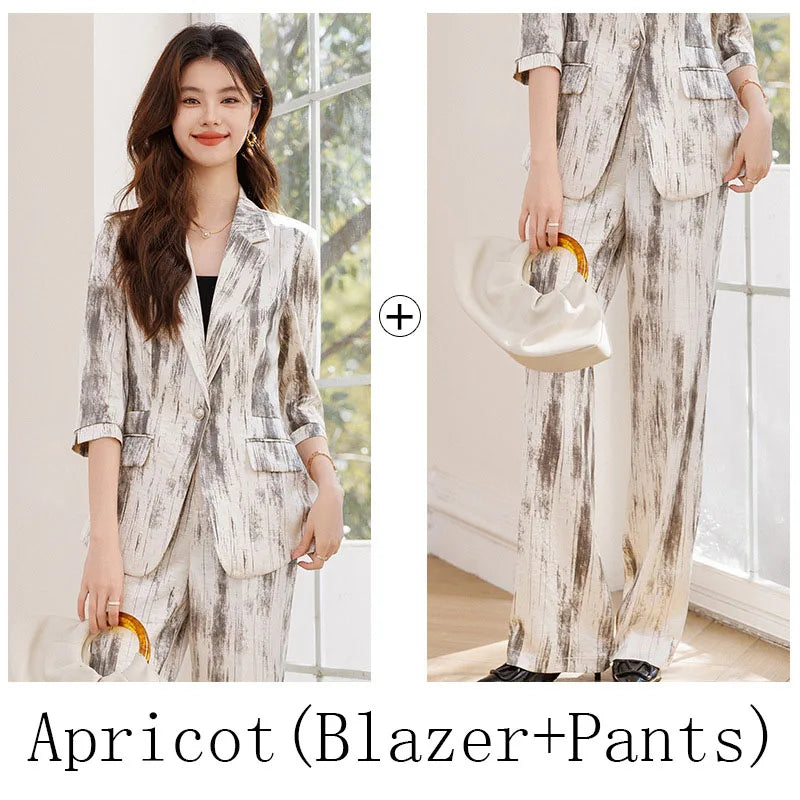 Women's Two Piece Set Blazer Pants Suit Elegant Office Formal Business Outfit Plus Size Three-Quarter Sleeve Jacket Trousers