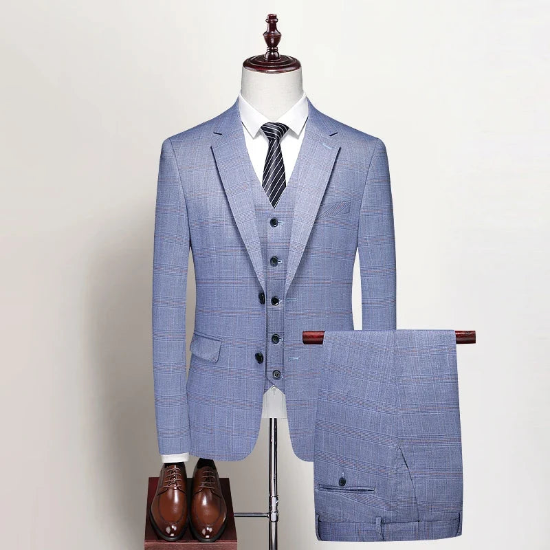 High-end Wedding Suit Autumn (Suit + Vest + Trousers) Men's Fashion All Match Handsome Trend Slim Dress Striped Three-piece Set