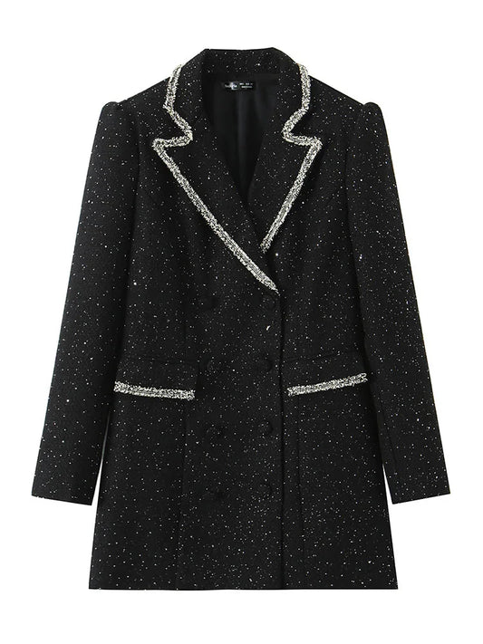 Women's Fashion Small Fragrance Sequined Patchwork Blazer Coat Female High Street Casual Double-Breasted Long-Sleeved Jacket