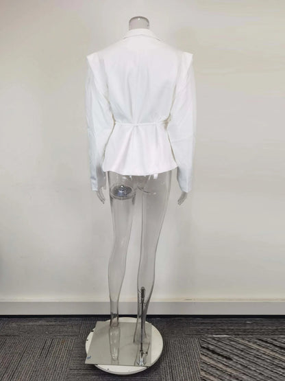 Spring Autumn Fashion Women's Pure Color Belted Shoulder Pad Suit Coat Commute Style Loose Fit Long Sleeve Regular Length