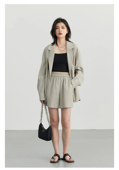 Women's Blazer Solid Casual Long Sleeve Jacket Texture Thin Suit Coat Shorts Office Lady Tops 2023 Summer New Fashion