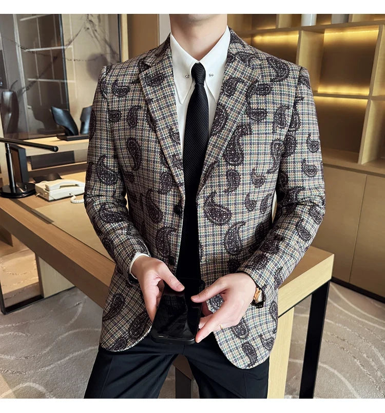 2025 Fashion Embroidery Jacquard Suit Jacket Korean Style Slim Fit Business Formal Social Prom Party Tuxedos Men Clothing 5XL-M