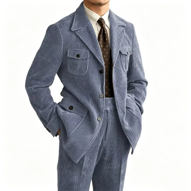 Men's Retro Corduroy 2 Pieces Suit Multi Flap Pockets Safari Blazer Matching Trousers For Formal Daily Party Wedding Business