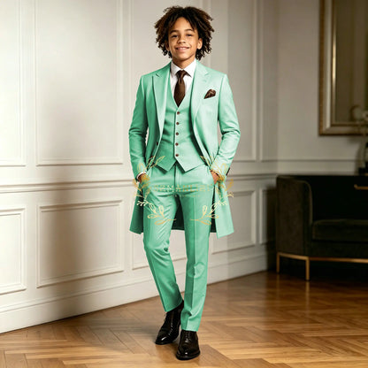 Premium Light Green Boys Formal Suit Sets 3 Pieces Long Jacket Vest Pants Occasion Wear For Wedding Party Banquet Performance