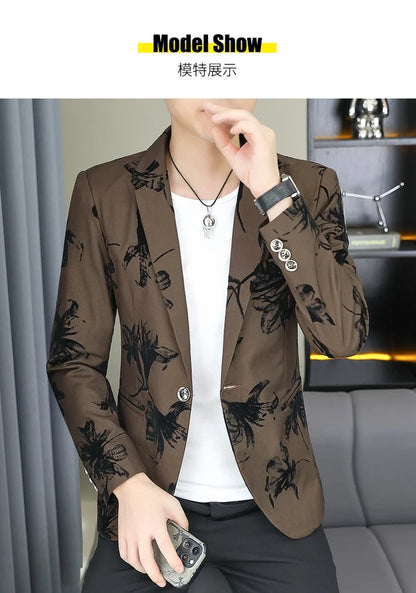 Blazer Men's Fashion Gentleman Business Outdoor Travel Print Wedding Slim-fit Korean Trend Handsome Youth Casual Blazer