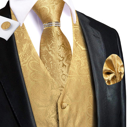 Men's Waistcoat 6-Piece Set – Gold Paisley Single Breasted Vest for Banquets & Formal Events