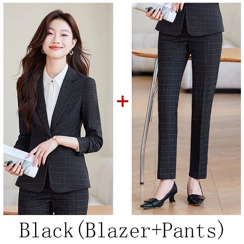 2024 Spring Autumn New Retro Plaid Elegant Blazer Coat And High Waist Pencil Pant Two Piece Set Women's Suit Business Clothing