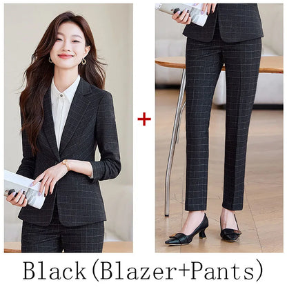 2024 Spring Autumn New Retro Plaid Elegant Blazer Coat And High Waist Pencil Pant Two Piece Set Women's Suit Business Clothing