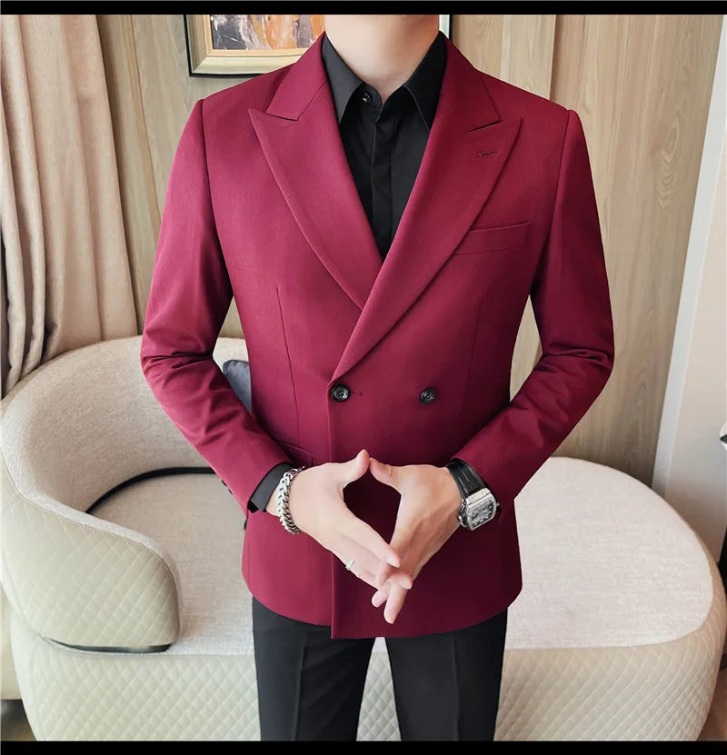 British Style Double Breasted Blazer Jackets Men High Quality Casual Business Suit Jacket Slim Business Wedding Groom Dress