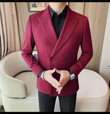 British Style Double Breasted Blazer Jackets Men High Quality Casual Business Suit Jacket Slim Business Wedding Groom Dress
