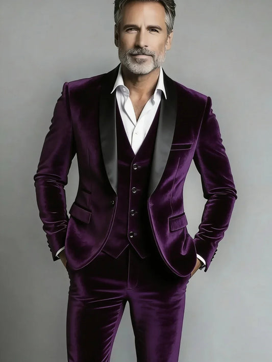 New Formal Velvet Suit Set 3 Pieces Business Outfit Handsome Shawl Lapel Slim Fit Suits For Men Wedding Groom Sets Plus Size