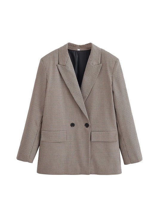 Women Khaki Plaid Blazer Jacket Y2k 2000s Vintage Office Ladies Suit Coat Long Sleeve Double Breasted Oversize Outerwear Autumn