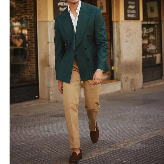 Luxury Suits For Men Green Double Breasted Gentlemen Wedding Groom Formal Prom Party Costume Two Piece Jacket Pants Slim Fit
