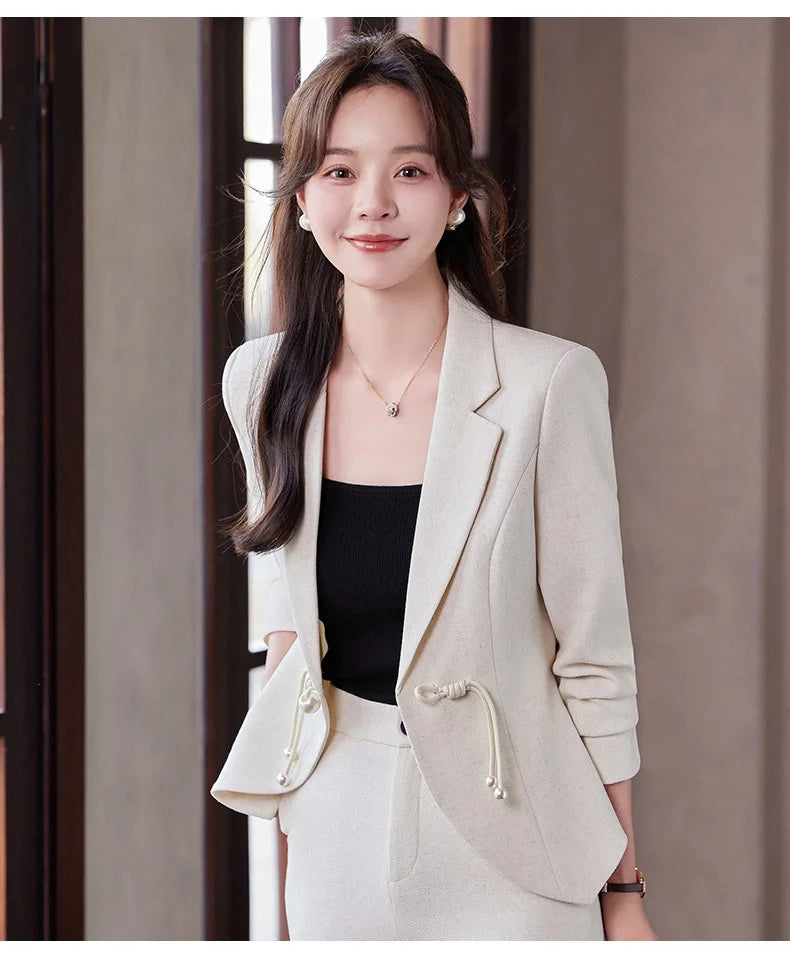Elegant National Style Buckle Pants Suit  2024 Autumn New Professional Temperament Slim Blazer And Pants Office Ladies Work Wear