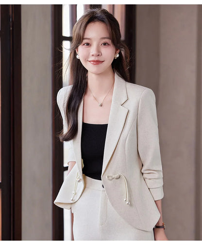 Elegant National Style Buckle Pants Suit  2024 Autumn New Professional Temperament Slim Blazer And Pants Office Ladies Work Wear