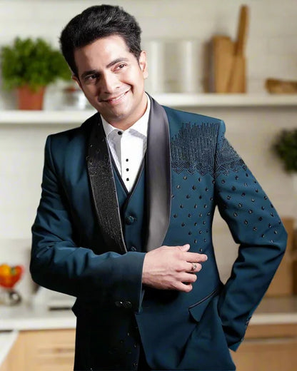Costume Homme Men Suits with Pants 3 Pieces Beads Appliques Blazer Slim Fit Wedding Male Groom Formal Prom Tuxedos Customized
