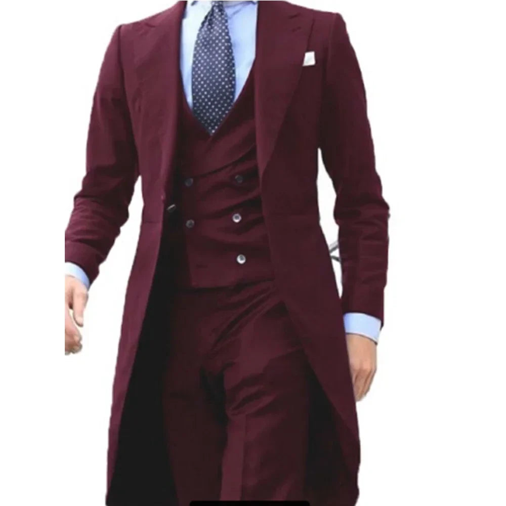 New Arrivel Long Coat Designs Chinese Red Men Suits Gentle Tuxedo Prom Blazer Custom 3 Pieces (Jacket+Vest+Pants)
