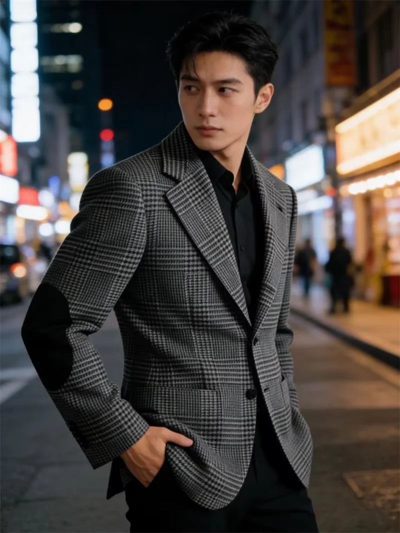 Retro British Plaid Men's Blazer with Elbow Patches Slim Fit Business Casual Tweed Suit Jacket for Office Daily Wear Sport Coats