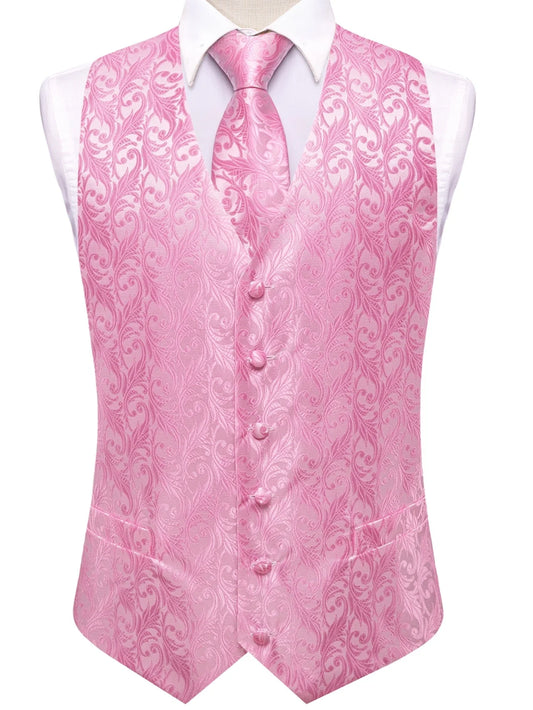 Men's Vest Set Pink Double Breasted Waistcoat with Tie and Pocket Square for Wedding and Formal Occasions