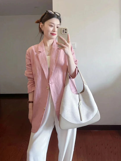 Cotton Linen Suit Jaet Women's Summer New Korean Design Casual Loose Long Sve Top Commute Sle Thin Single Button