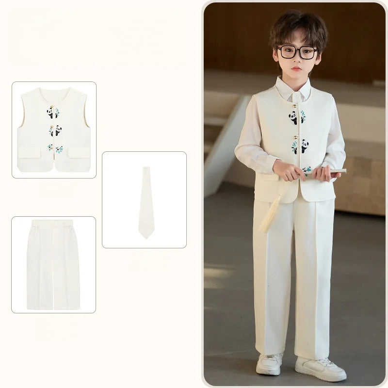 90-160 Kids New Chinese Tang Suit Hanfu Embroidery Suit Flower Boys Host Recitation Performance Costume