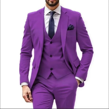 Costume de mariage formel trois pièces pour homme, avec revers crantés, veste unie, gilet et pantalon, pour soirée de bal, décontracté ou affaires